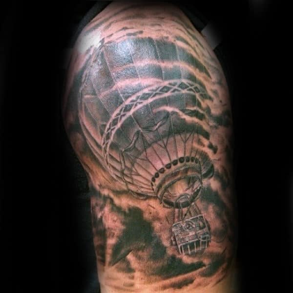 Hot Air Ballong Flying Through Tornado Mens Half Sleeve Tattoos