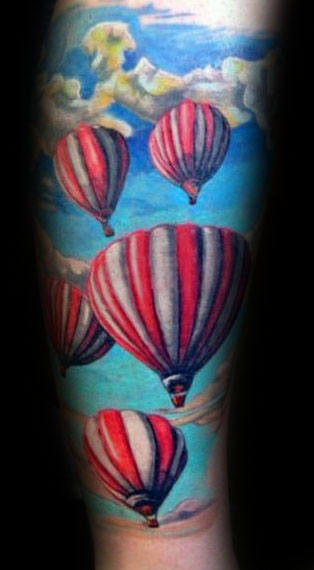 Hot Air Balloons Floating In Clouds Mens Forearm Sleeve Tattoos