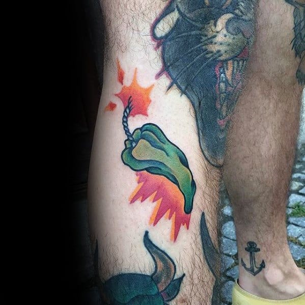 Hot Green Pepper Mens Small Colorful Leg Tattoo