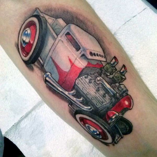 Hot Rod Red White Vehicle Tattoo Male Forearm
