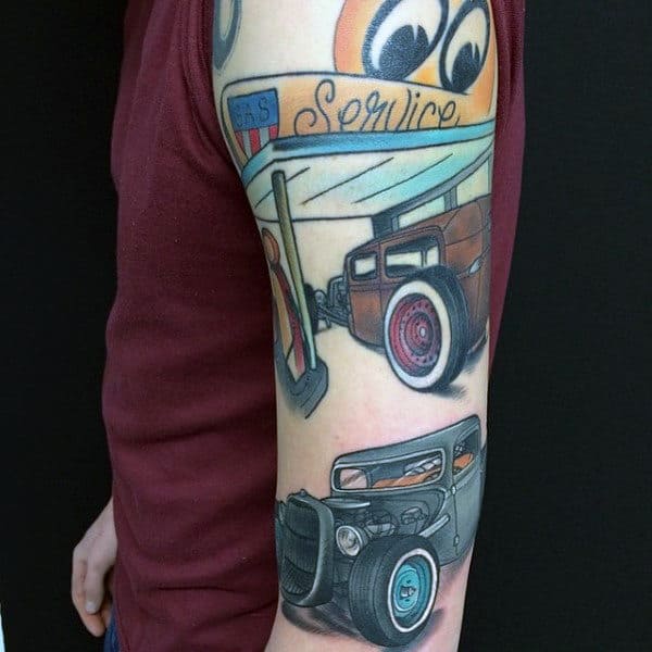 Hot Rod Vehicle Service Station Tattoo Guys Forearms
