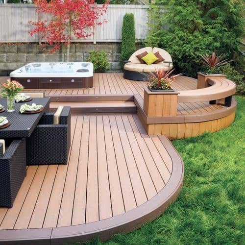 curved wood deck hot tub black wicker furniture