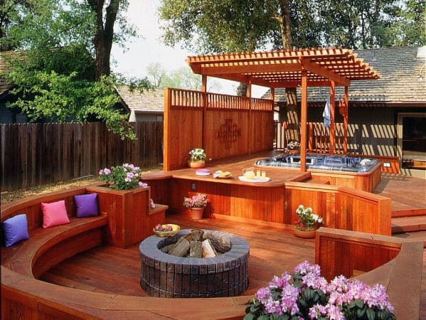 wood deck fire pit hot tub pergola bench seating