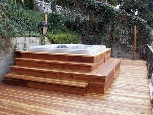 tiered wood deck hot tub