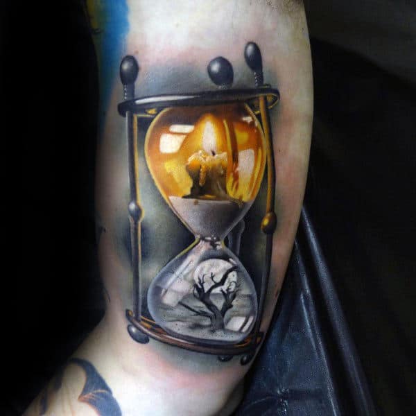 Hourglass Mens Realistic 3d Life Death Tattoo On Arm