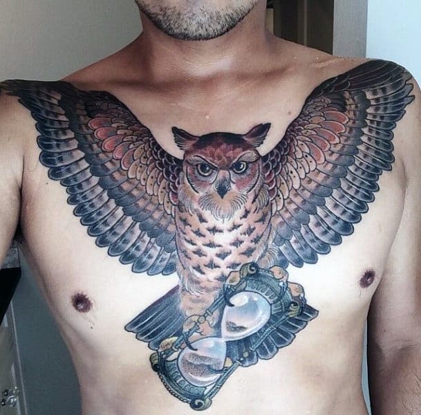 Hourglass Owl Guys Upper Chest And Shoulder Tattoo