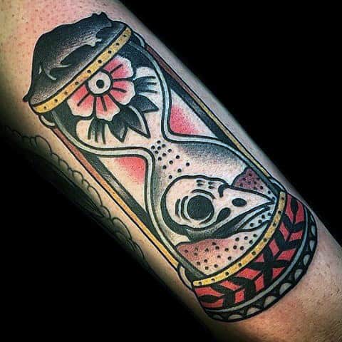 Hourglass With Bird Skull Traditional Forearm Tattoos For Men