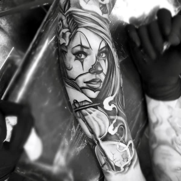 Hourglass With Portrait Cool Guys Chicano Inner Arm Tattoos