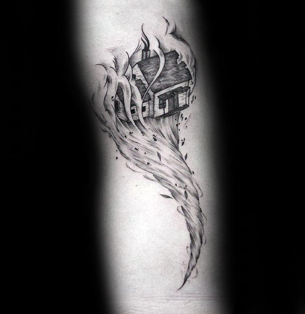 House Floating On Top Of Tornado Mens Arm Tattoos