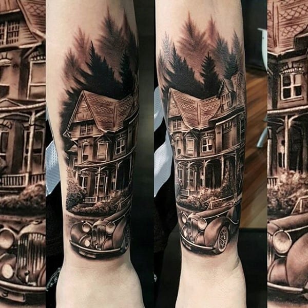 House Forearm Tree Mens Tattoos
