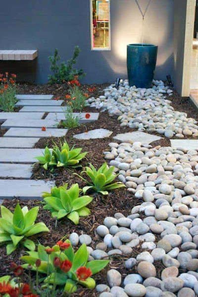 Stylish river rock landscaping with smooth pebbles, stepping stones, vibrant plants, and a decorative water feature near a modern house