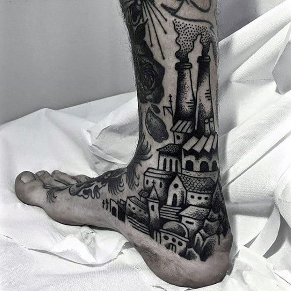 Houses With Large Chimneys Tattoo On Foot