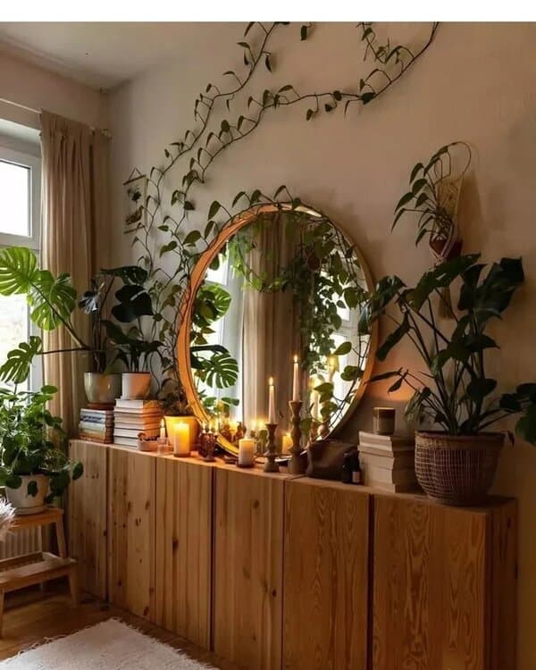 Round mirror reflecting candlelight, surrounded by lush plants and climbing vines, placed on a wooden cabinet for a cozy, natural ambiance.