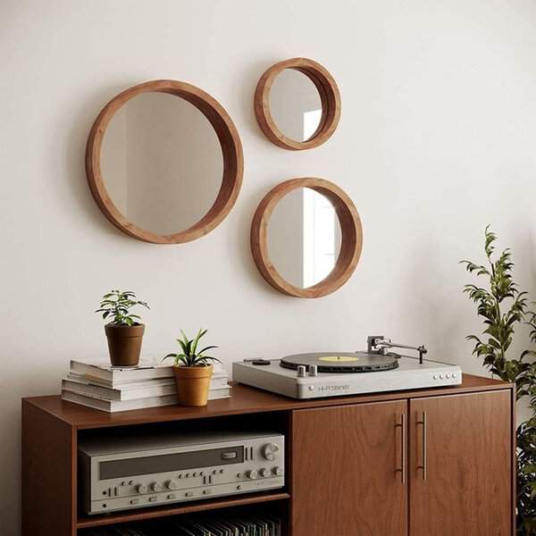 Three round wooden mirrors on a white wall above a retro turntable and stereo, styled with books and potted plants for a vintage touch.