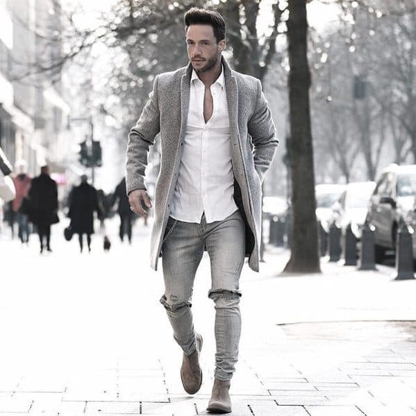 How To Wear Boots Outfits Style Looks For Men White Dress Shirt With Torn Jeans And Grey Coat