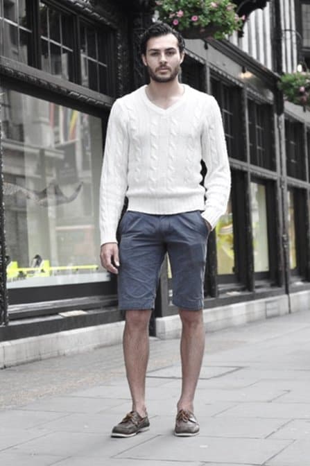 How To Wear Mens Boat Shoes Outfits White Knit Sweater With Navy Blue Shorts