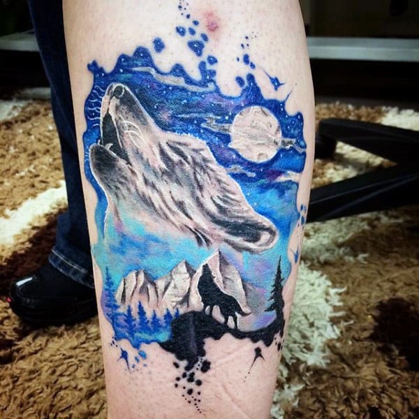 Howling Fox In Moonlight Watercolor Tattoo On Calves For Men