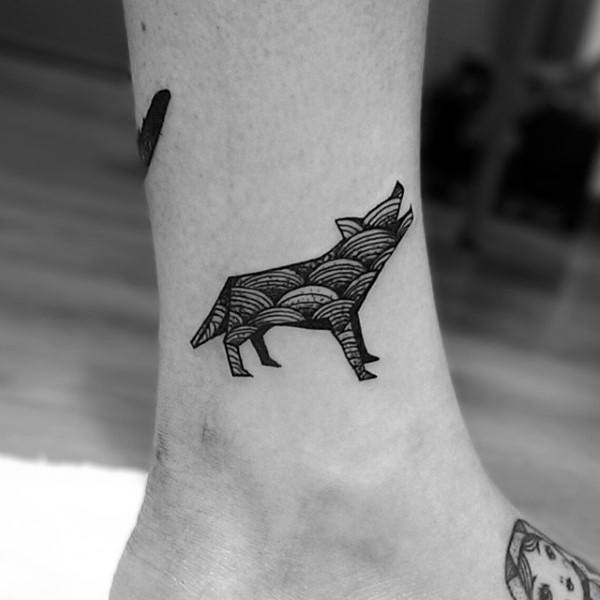 Howling Wolf Pattern Origami Guys Lower Leg Tattoos