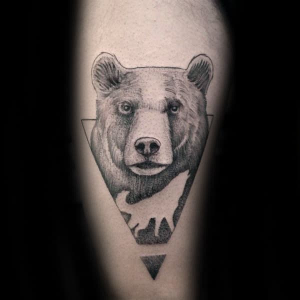 Howling Wolf With Bear Mens Geometrical Leg Tattoo Ideas Negative Space Design