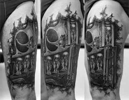 HR Giger-inspired leg tattoo with biomechanical panels revealing rows of eerie alien figures and surreal mechanical components.