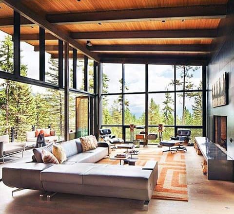 Spacious alpine living room with floor-to-ceiling windows, modern furniture, and forest views.