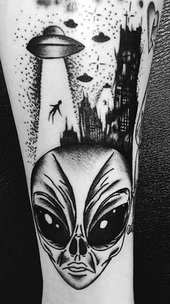 Huge Dark Eyed Alien And Ufo Tattoo Male Arms