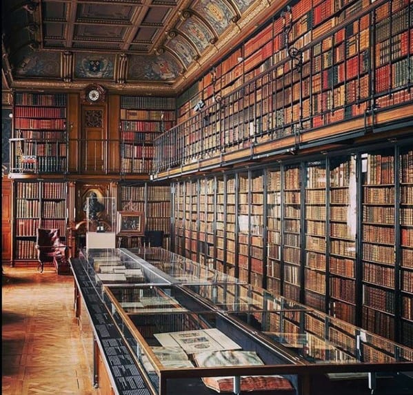 Ornate library with high bookshelves, tomes, and display cases under a decorative ceiling