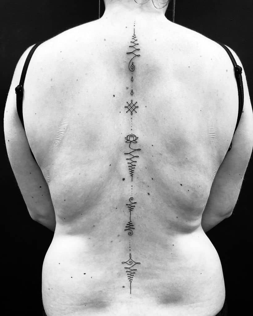Intricate Unalome tattoo running down the spine, symbolizing spiritual growth, balance, and the journey toward enlightenment and self-discovery.