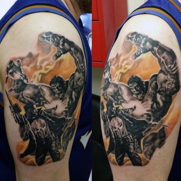 Hulk And Fire Tattoo Male Arms