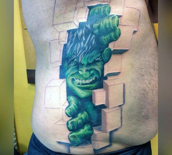 Hulk Breaking Through Blocks Tattoo Male Torso