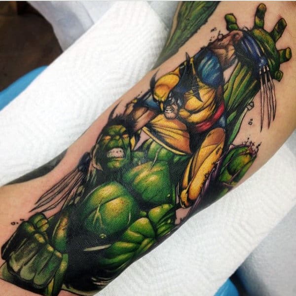 Hulk In Fight Tattoo Male Forearms