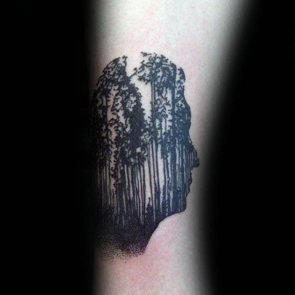Human Face Silhouette With Trees Mens Optical Illusion Tattoos