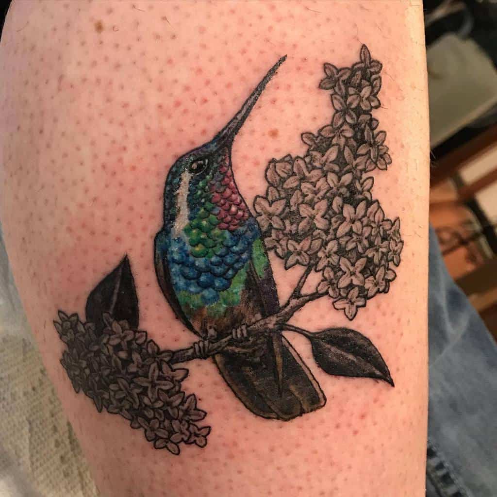 Realistic tattoo of a colorful hummingbird perched on a lilac branch, with detailed flowers and bold shading on the arm.