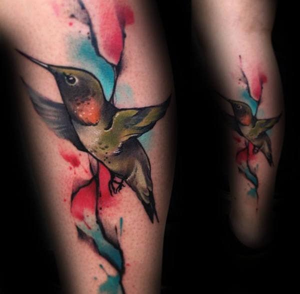 Hummingbird Watercolor Tattoo For Men On Legs