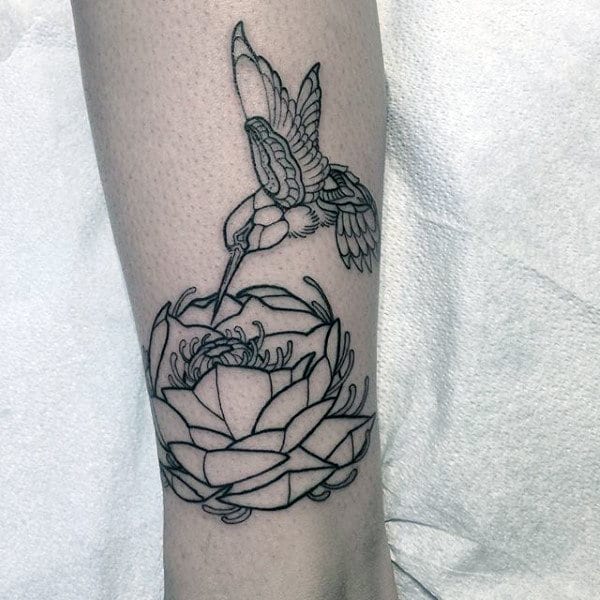 Hummingbird With Geometric Flower Mens Forearm Tattoo