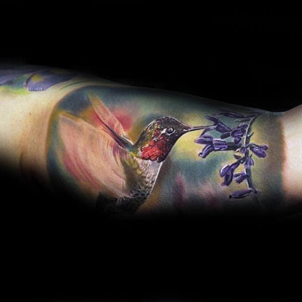 Hummingbird With Purple Flowers Mens Watercolor Quarter Sleeve Tattoos