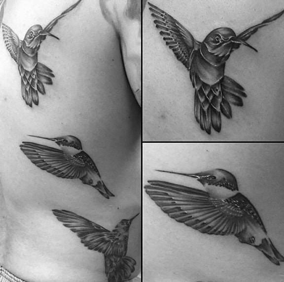 Hummingbirds Flying Mens Rib Cage Side Tattoos