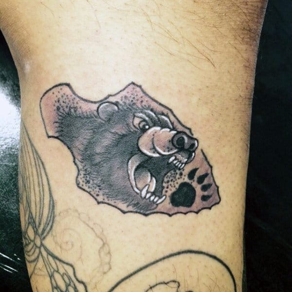 Hungry Bear Inside Arrowhead Tattto On Upperarms For Males