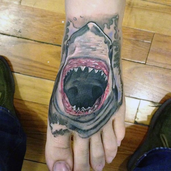 Hungry Open Mouthed Shark Tattoo On Foot