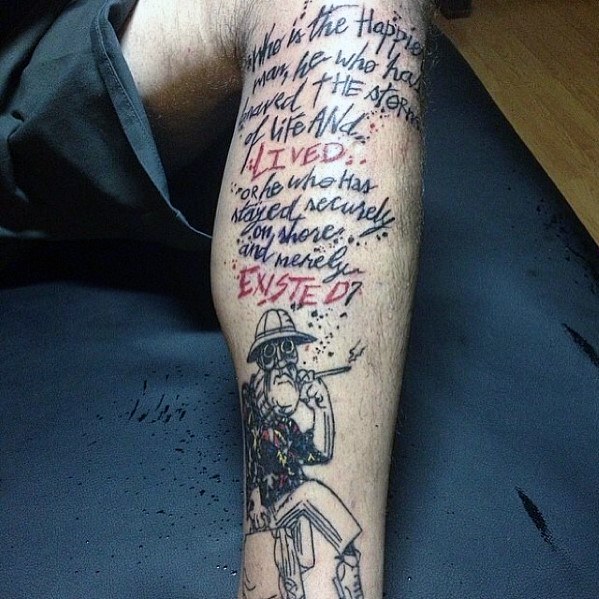 Hunter S. Thompson tattoo featuring a sketch-style figure in a tropical shirt with a cigarette, alongside a bold, handwritten quote about living fully.