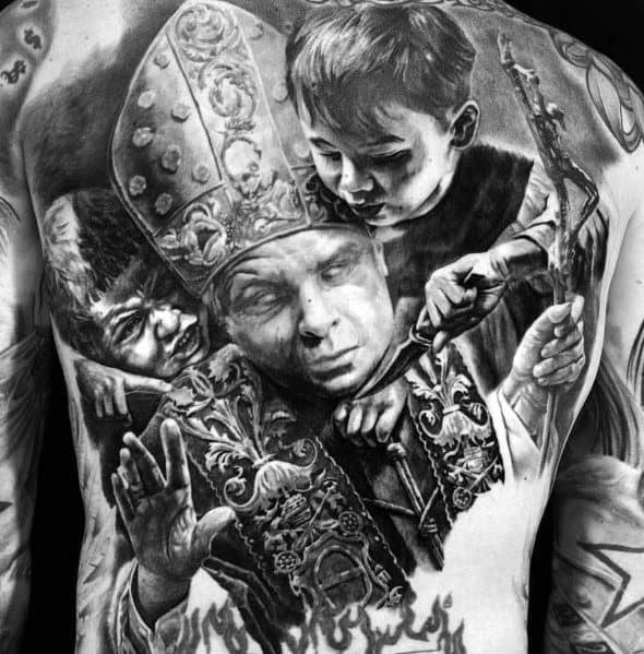 Black and grey back tattoo featuring a highly detailed bishop in ornate robes, a young boy behind him holding a dagger, and intense shading for a dramatic effect.