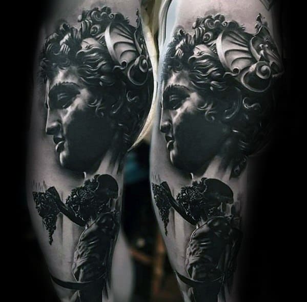 Hyper Realistic 3 Perseus Male Tattoo Ideas On Thigh And Legs