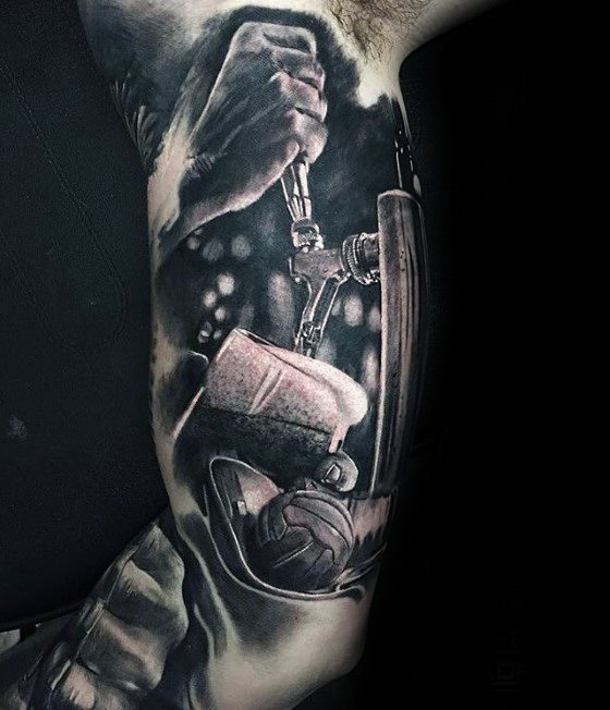 Hyper-realistic black and gray tattoo of a beer being poured from a tap into a frosty mug, with dramatic lighting and shading for a cinematic effect.