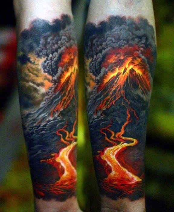 Hyper Realistic 3d Forearm Sleeve Male Volcano Tattoo Ideas