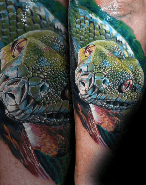 Hyper Realistic 3d Green Snake Mens Outer Forearm Tattoo
