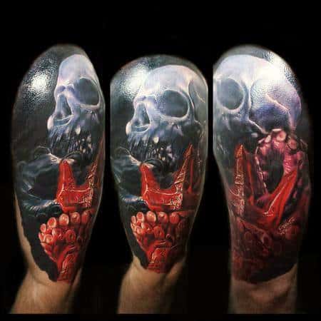 Skull with a dark, eerie expression, surrounded by a dramatic scene with red details and intricate shading, creating a haunting, 3D effect.