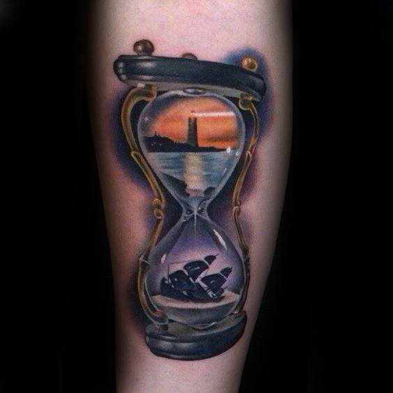 Hyper Realistic 3d Hourglass Sinking Ship Forearm Tattoos For Gentlemen