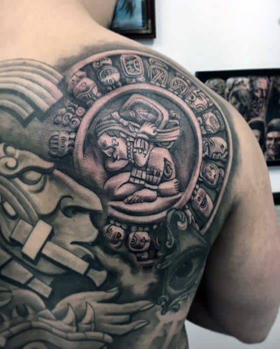 Hyper Realistic 3d Stone Shoulder And Back Mens Mayan Calender Tattoo Design Ideas