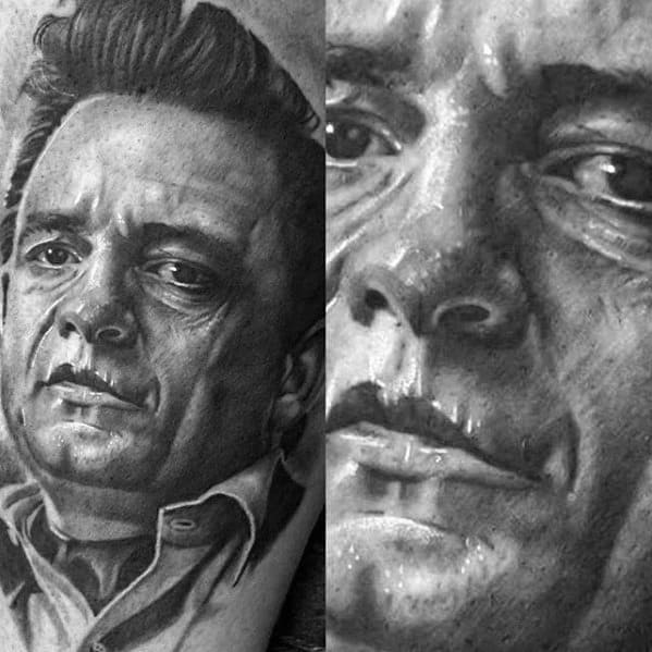 Black and white tattoo designs of Johnny Cash's face, one detailed and one close-up