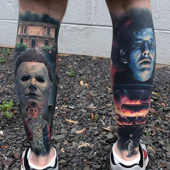 Hyper Realistic Back Of Leg Mens Horror Themed Tattoos